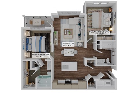 Floor plan for 2 beds, 2 baths, 1087 sqft